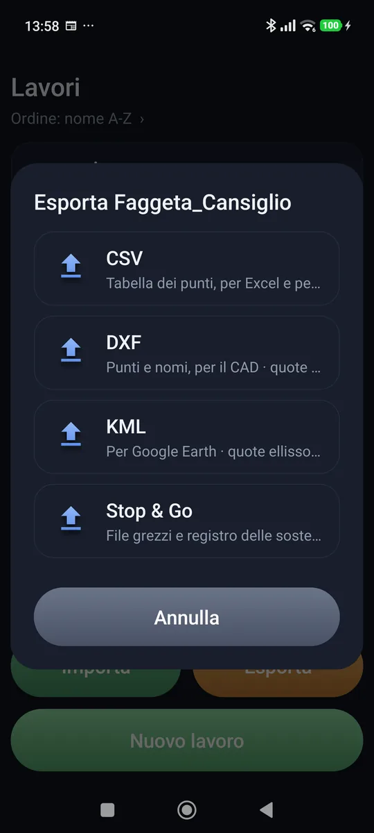 La scelta del formato di esportazione: CSV, DXF, KML e Stop and Go