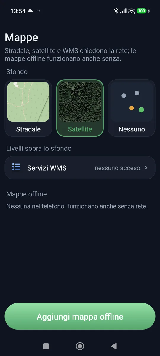 La scelta della mappa: stradale, satellite o nessuno sfondo, servizi WMS e mappe offline